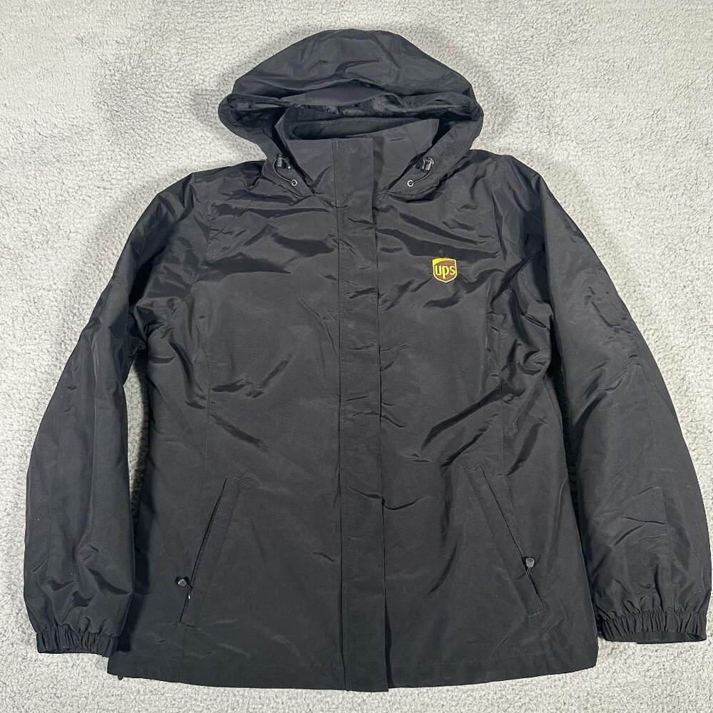 UPS Jacket Womens Medium Black Uniform Employee‎ Full Zip 3 in 1 Winter Hooded